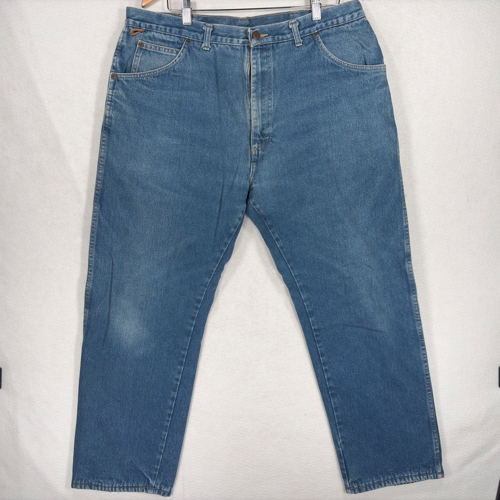 Vintage 90s Wrangler Rugged Wear Flannel Lined Jeans 40x30 Made in USA Blue Red